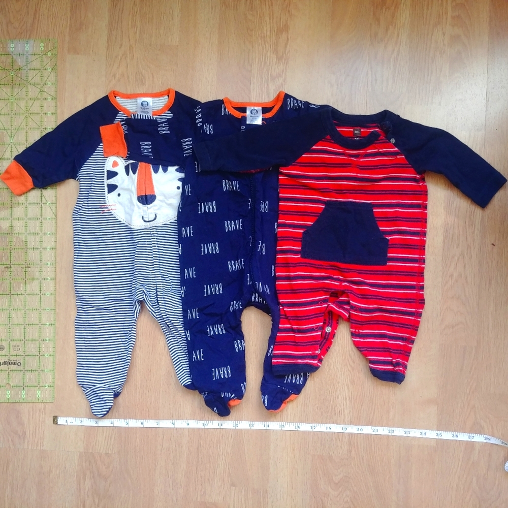 Lot of 3 Navy Blue Orange and Red Gerber and Tea Pajamas- Size 0-3 months.